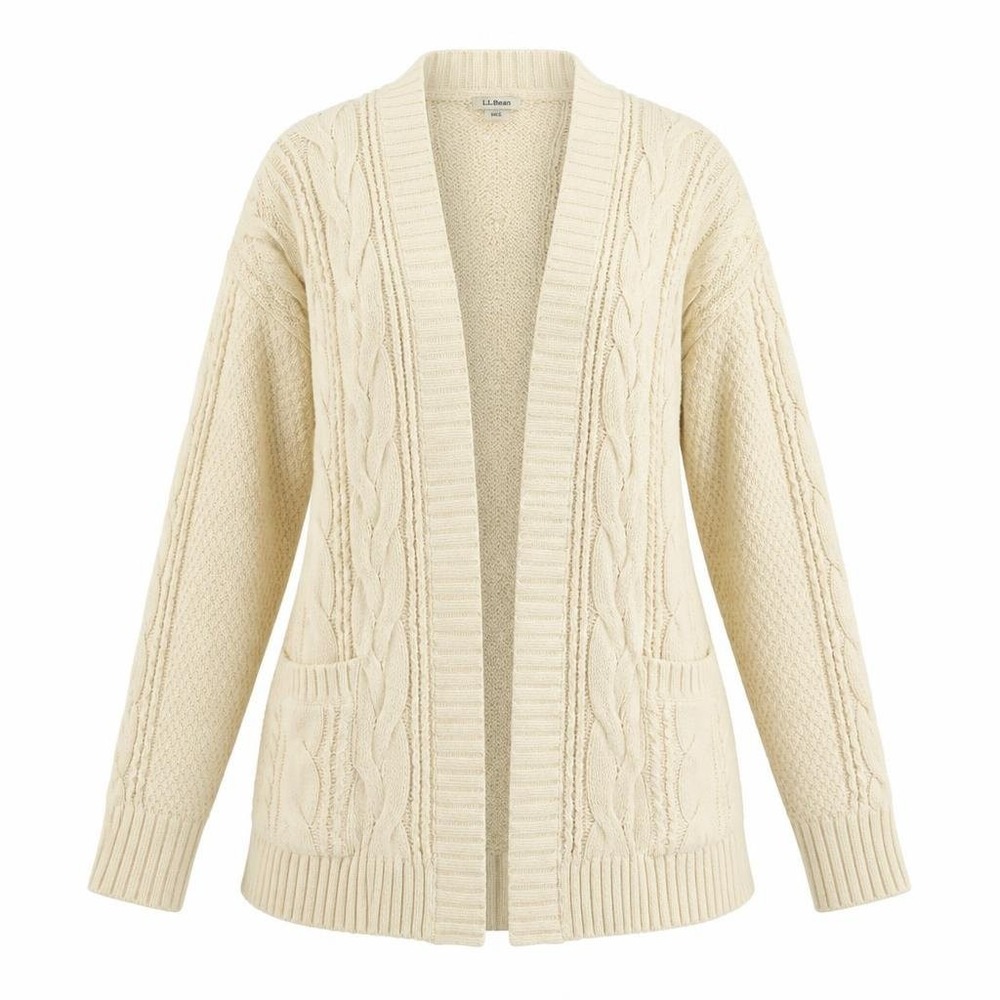 LL Bean Cardigan Womens S Ivory Cable Knit Fisherman Sweater Wool Open Long